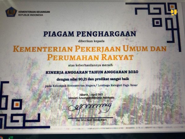 Kementerian Pekerjaan Umum dan Perumahan Rakyat (PUPR) meraih penghargaan atas kinerja anggaran Kementerian/Lembaga TA 2020 dari Kementerian Keuangan