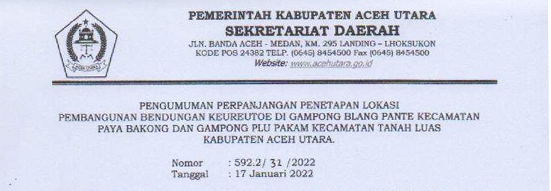 Penetapan Lokasi Pembangunan Bendungan Keureuto Kabupaten Aceh Utara 2022 