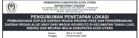 Pengumuman Penetapan lokasi Pembangunan Suplesi Daerah Irigasi Krueng Pase