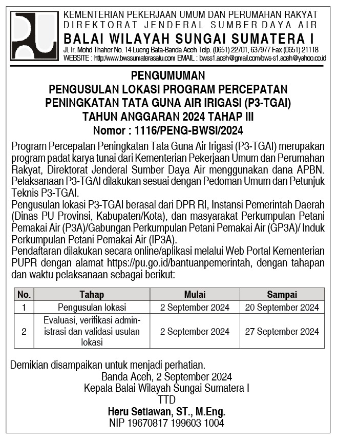 Pengumuman Pengusulan Lokasi P3TGAI Tahun 2024 Tahap III